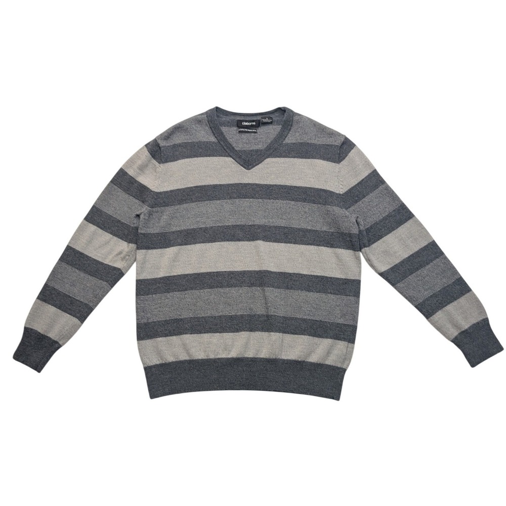 Claiborne V-Neck Sweater Mens‎ S Grey Striped 100% Extra Fine Merino Wool Knit